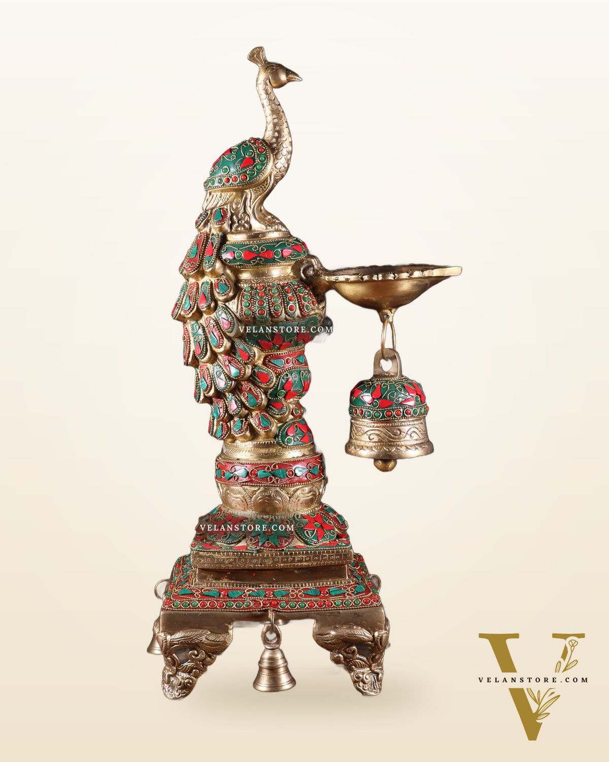 Brass Large Peacock Diya with Meenakari Stonework | 19-Inch Traditional Oil Lamp