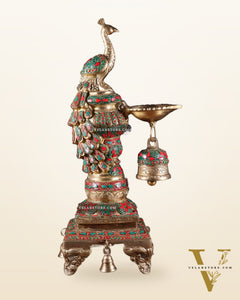Brass Large Peacock Diya with Meenakari Stonework | 19-Inch Traditional Oil Lamp