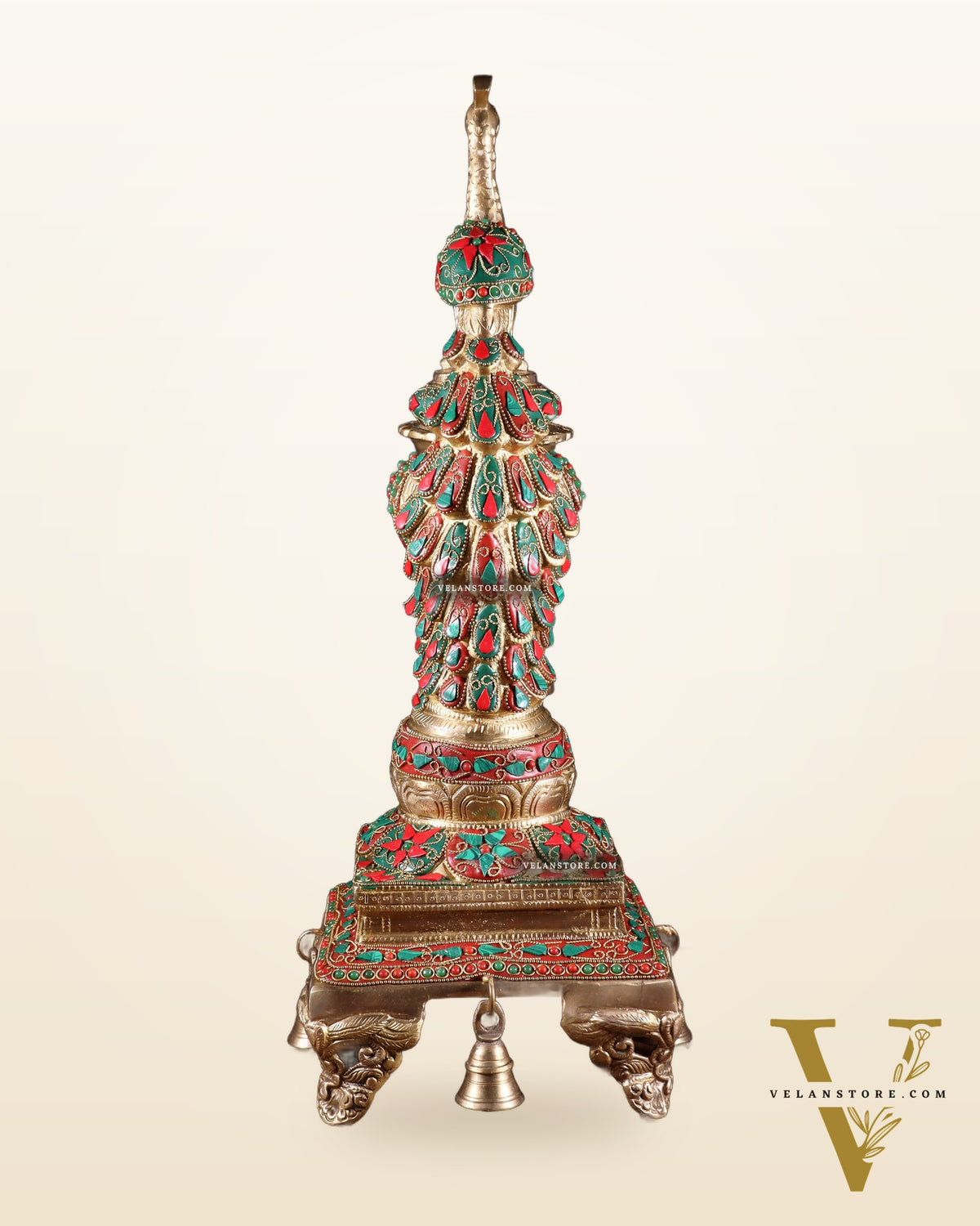 Brass Large Peacock Diya with Meenakari Stonework | 19-Inch Traditional Oil Lamp