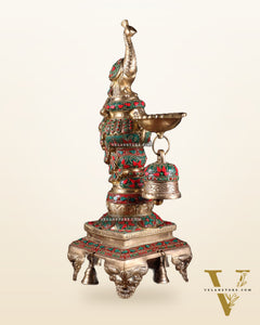 Brass Large Peacock Diya with Meenakari Stonework | 19-Inch Traditional Oil Lamp