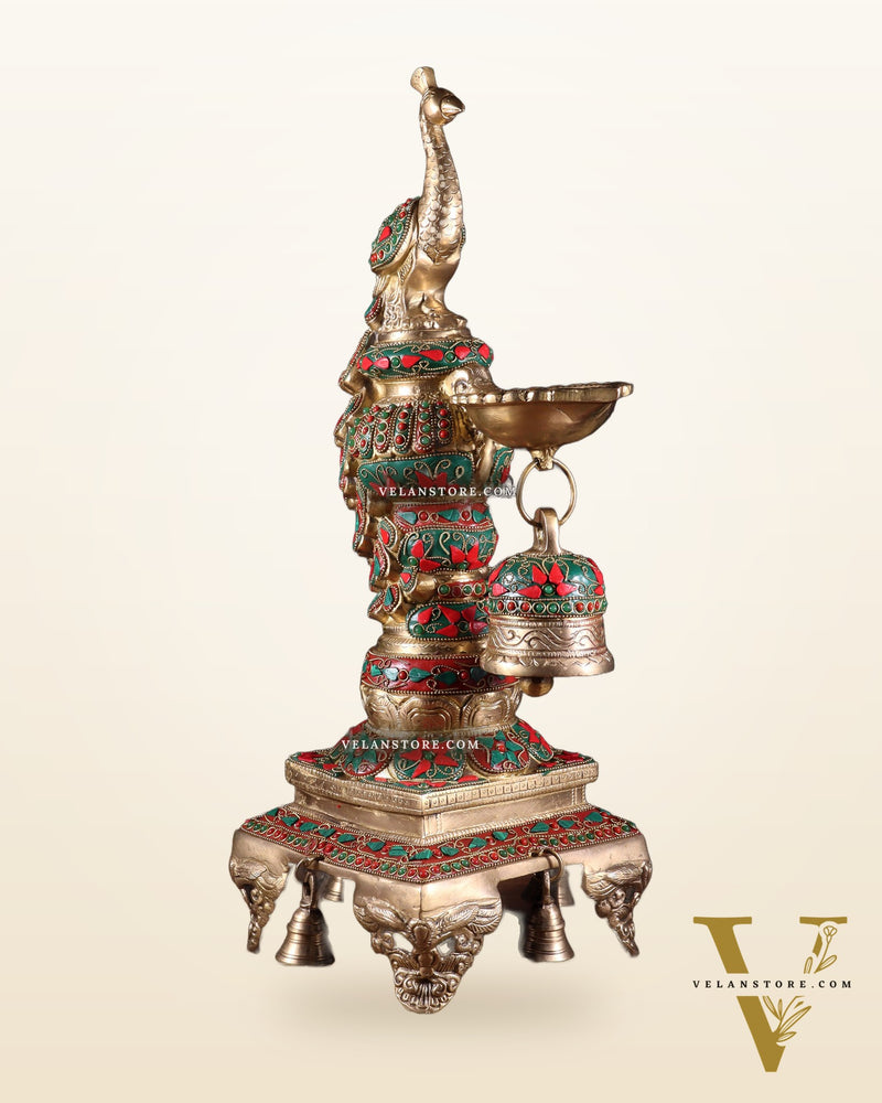 Brass Large Peacock Diya with Meenakari Stonework | 19-Inch Traditional Oil Lamp