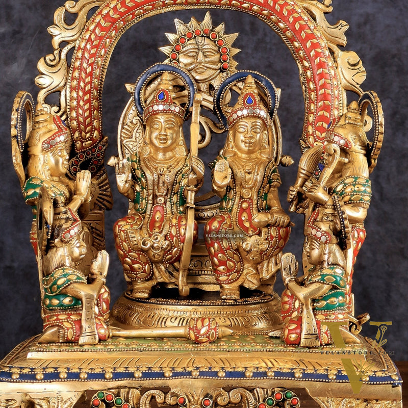 Brass large Ram Darbar Idol with Stonework | 16 inch (Ramapatabhishekam)