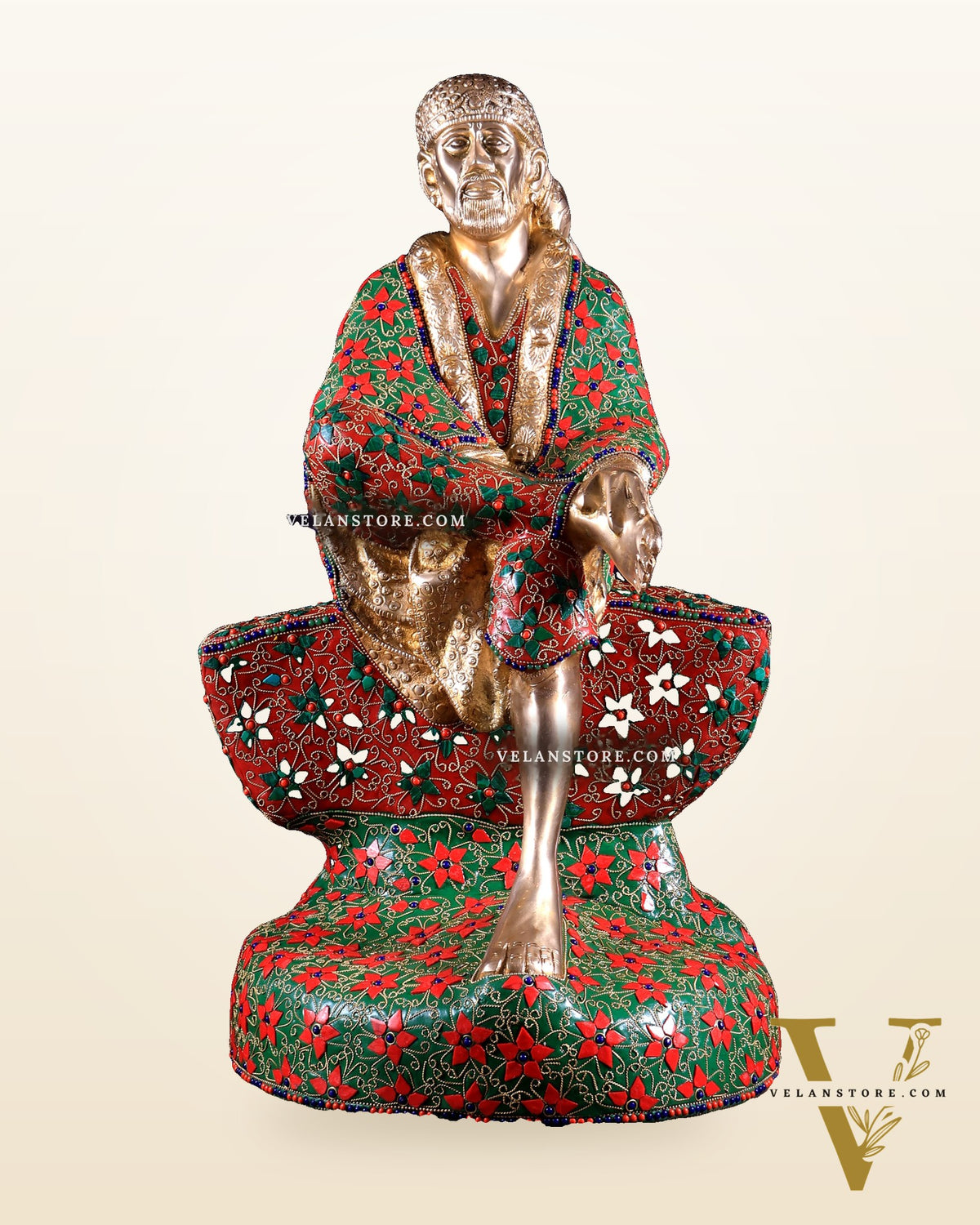 Brass large Shirdi Sai Baba Statue 24" floral stonework