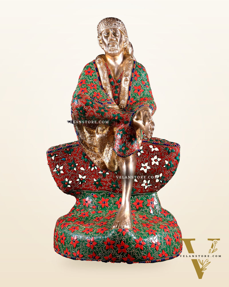 Brass large Shirdi Sai Baba Statue 24" floral stonework
