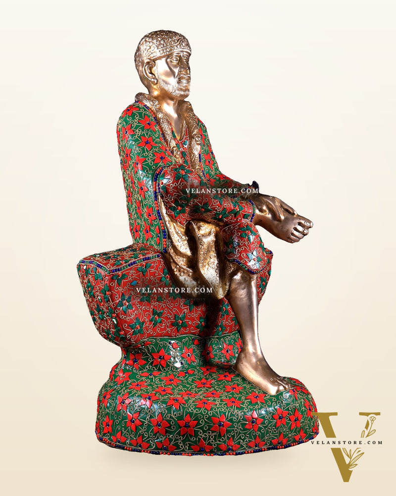 Brass large Shirdi Sai Baba Statue 24" floral stonework