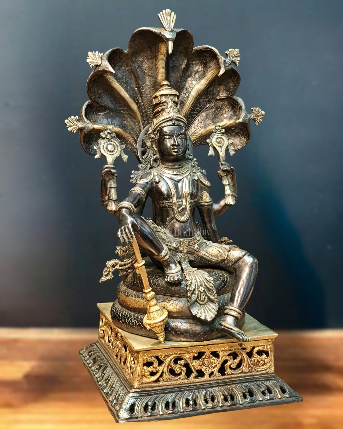 Brass large sitting Lord Vishnu Sculpture black | 25.5 inch