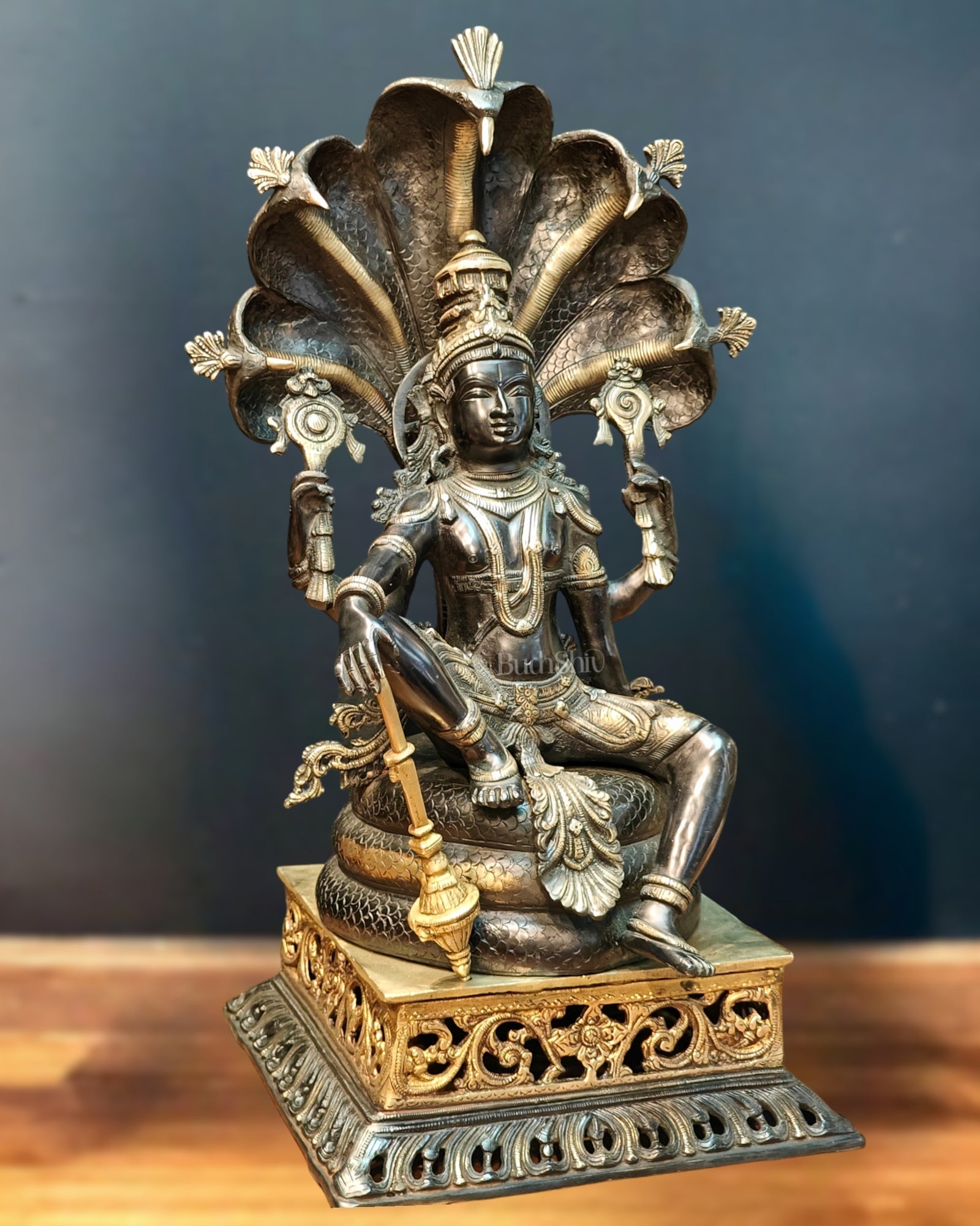 Brass large sitting Lord Vishnu Sculpture black | 25.5 inch