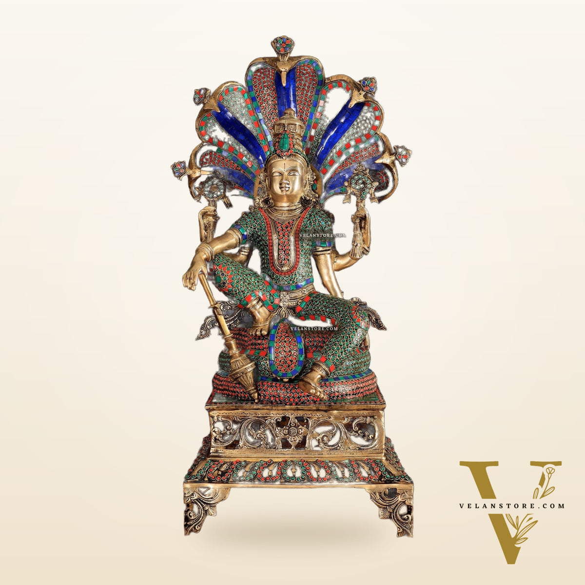 Brass large sitting Lord Vishnu Sculpture with stonework | 28 inch