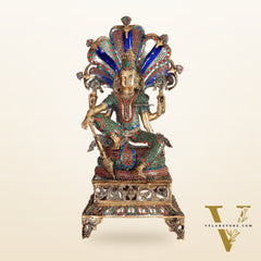 Brass large sitting Lord Vishnu Sculpture with stonework | 28 inch