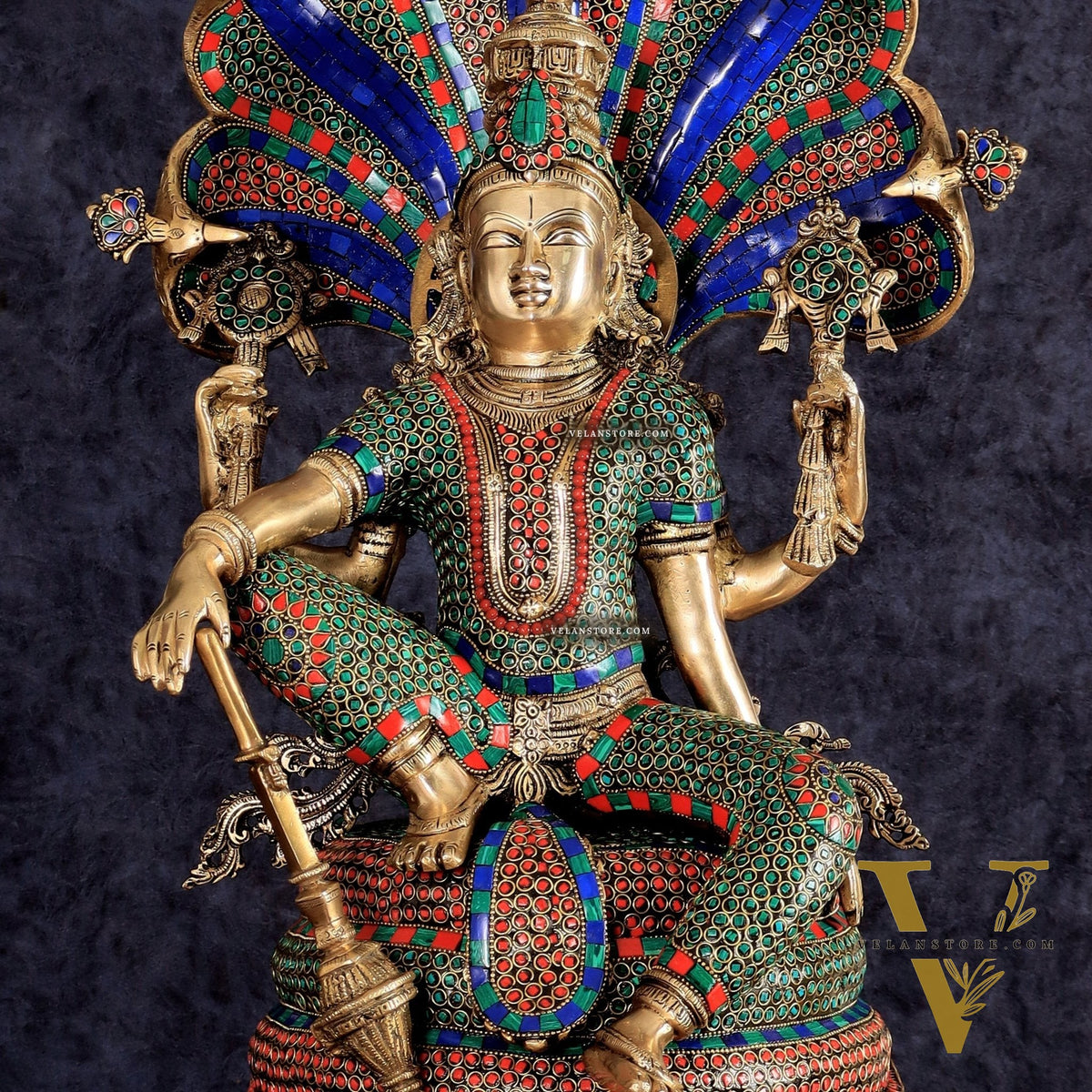 Brass large sitting Lord Vishnu Sculpture with stonework | 28 inch