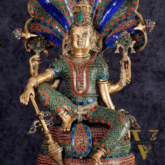 Brass large sitting Lord Vishnu Sculpture with stonework | 28 inch
