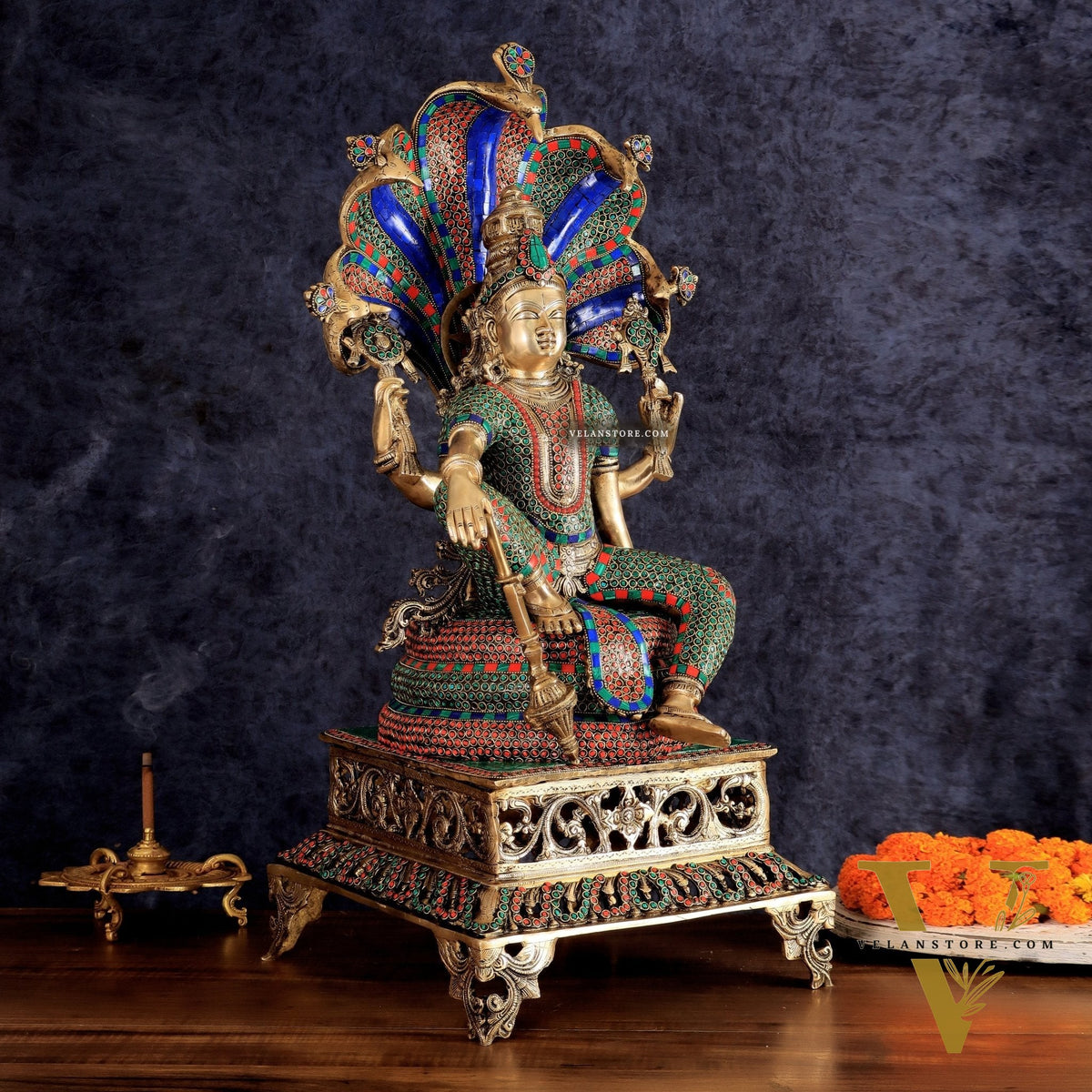 Brass large sitting Lord Vishnu Sculpture with stonework | 28 inch