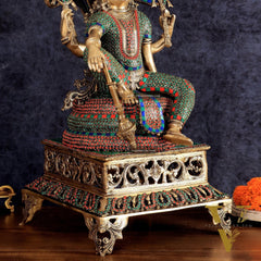 Brass large sitting Lord Vishnu Sculpture with stonework | 28 inch