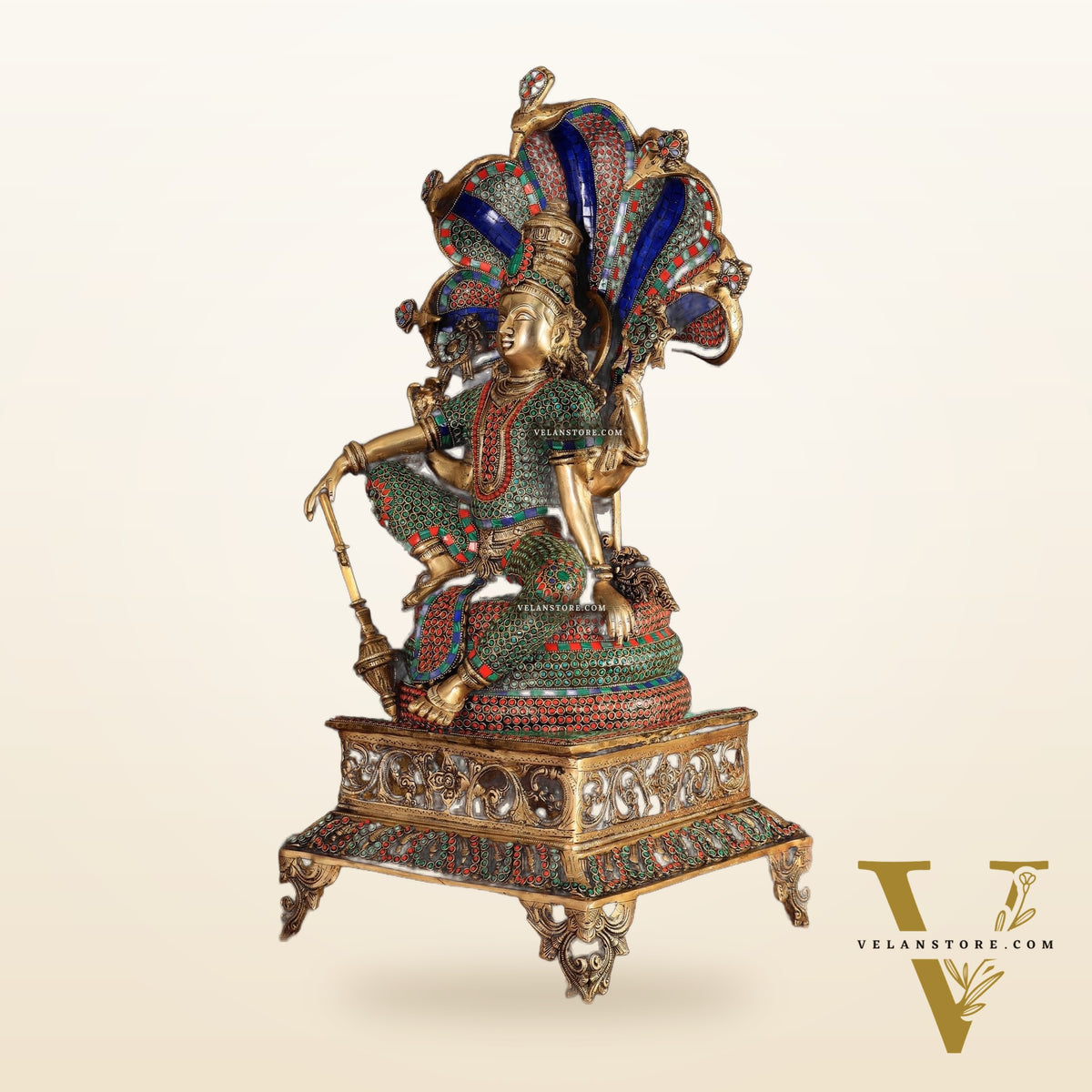 Brass large sitting Lord Vishnu Sculpture with stonework | 28 inch