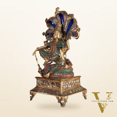 Brass large sitting Lord Vishnu Sculpture with stonework | 28 inch