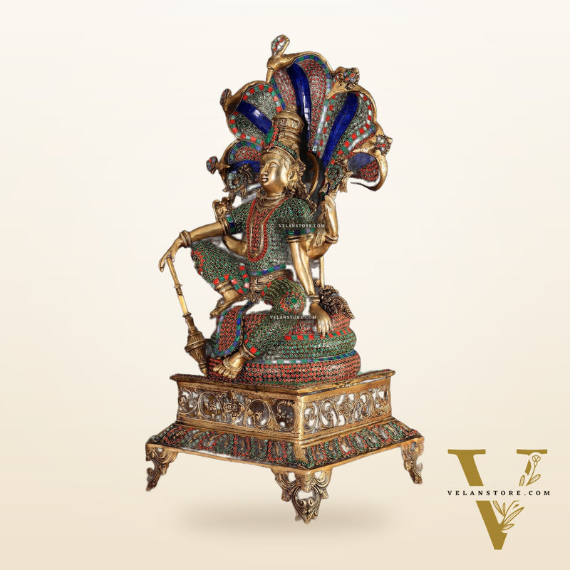 Brass large sitting Lord Vishnu Sculpture with stonework | 28 inch
