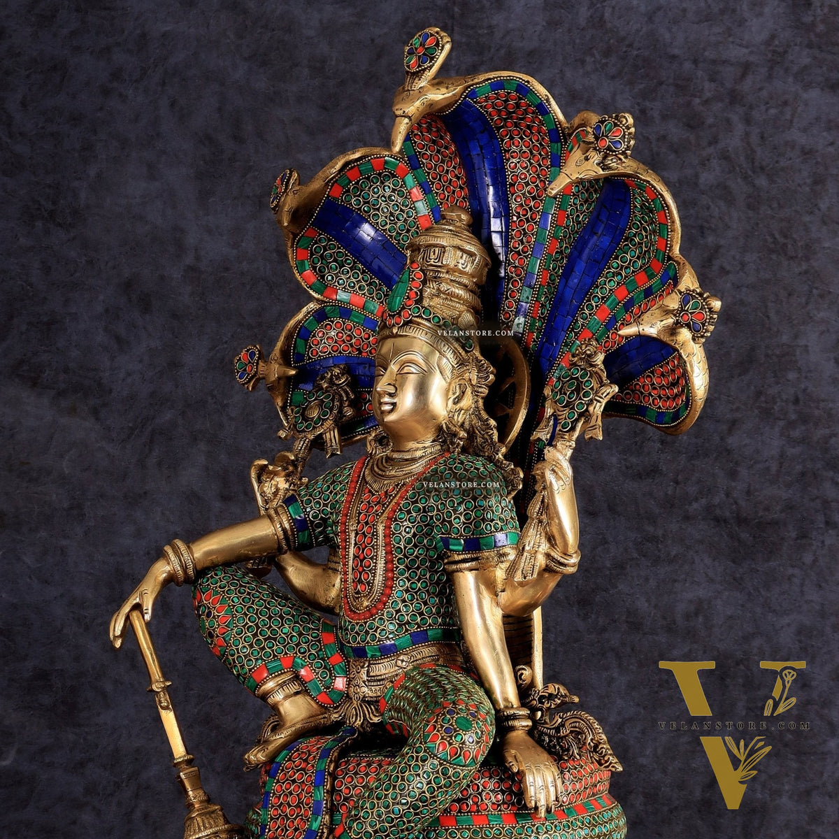 Brass large sitting Lord Vishnu Sculpture with stonework | 28 inch