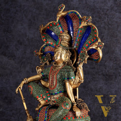 Brass large sitting Lord Vishnu Sculpture with stonework | 28 inch