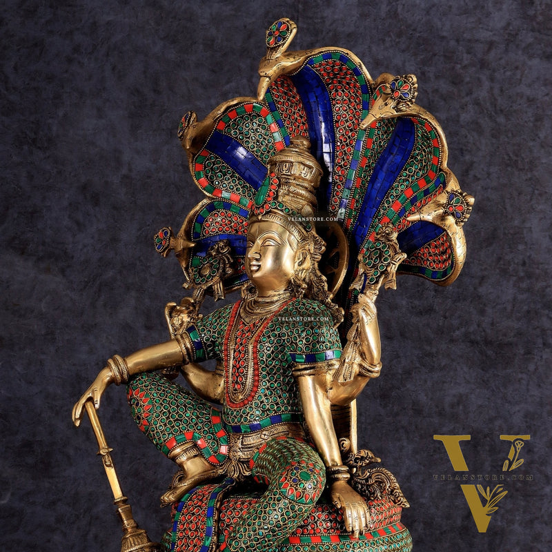 Brass large sitting Lord Vishnu Sculpture with stonework | 28 inch