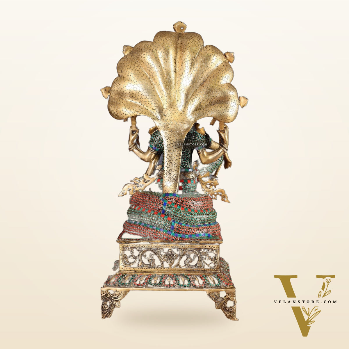 Brass large sitting Lord Vishnu Sculpture with stonework | 28 inch