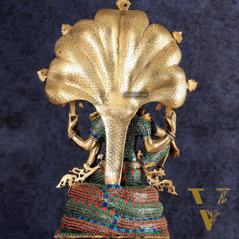 Brass large sitting Lord Vishnu Sculpture with stonework | 28 inch