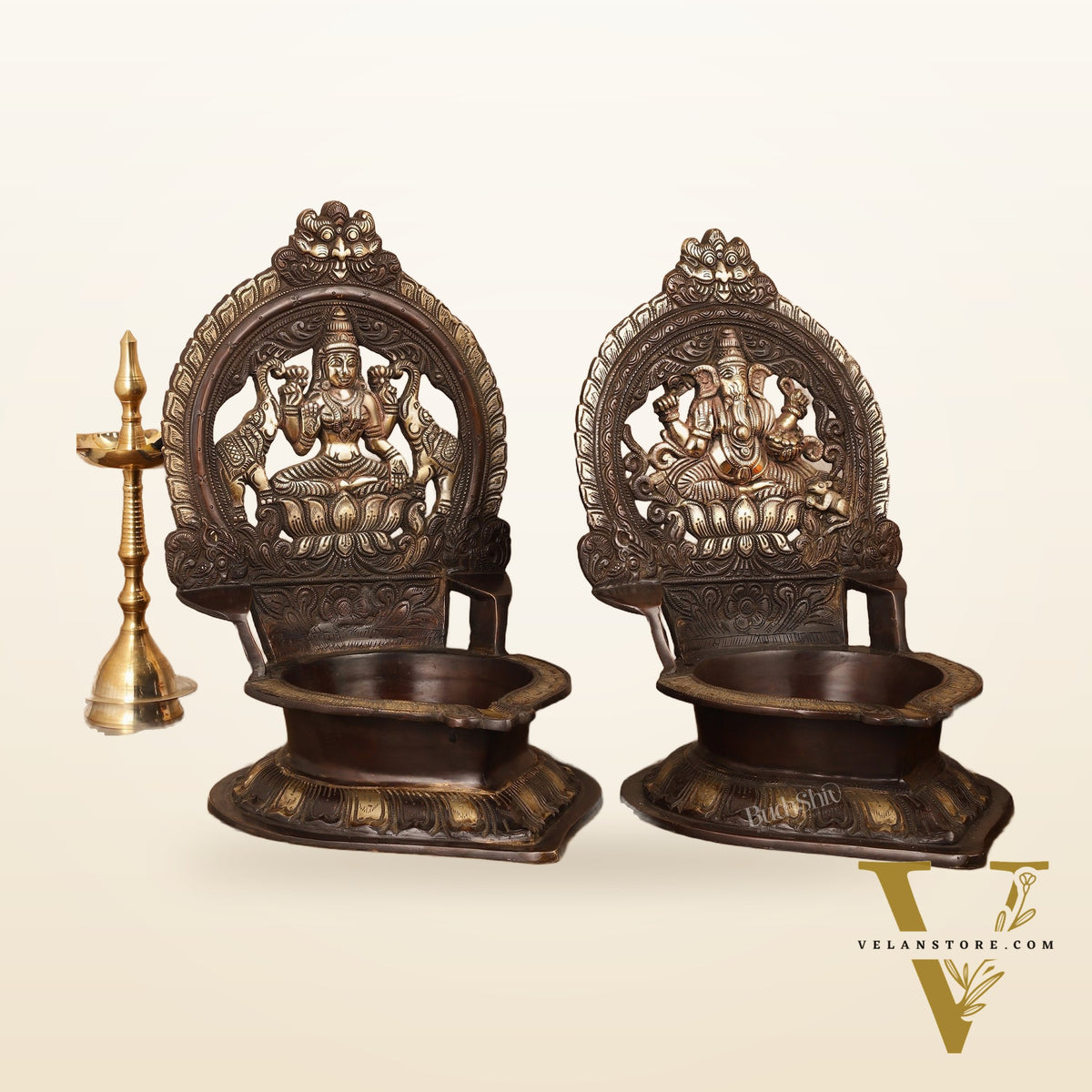 Brass Large-Sized Ganesha and Lakshmi Lamps - 17 Inch