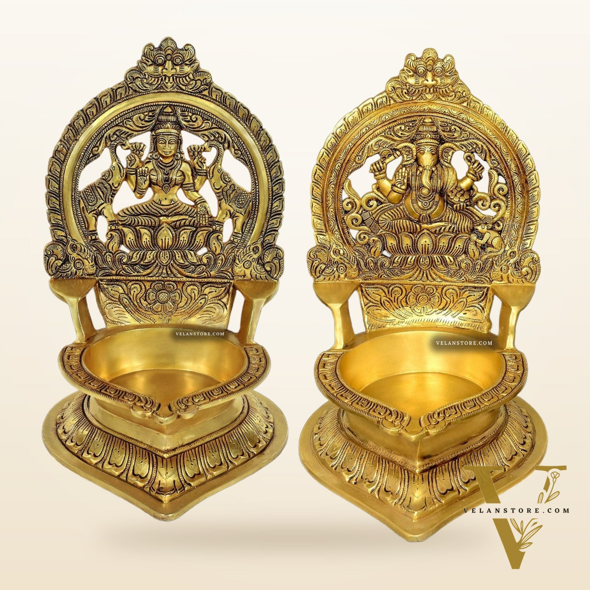 Brass Large-Sized Ganesha and Lakshmi Lamps - 17 Inch
