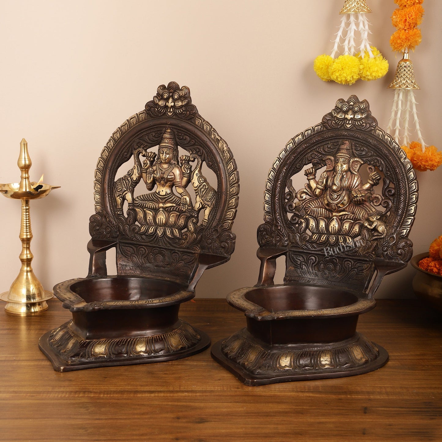 Brass Large-Sized Ganesha and Lakshmi Lamps - 17 Inch