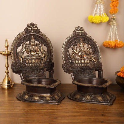 Brass Large-Sized Ganesha and Lakshmi Lamps - 17 Inch