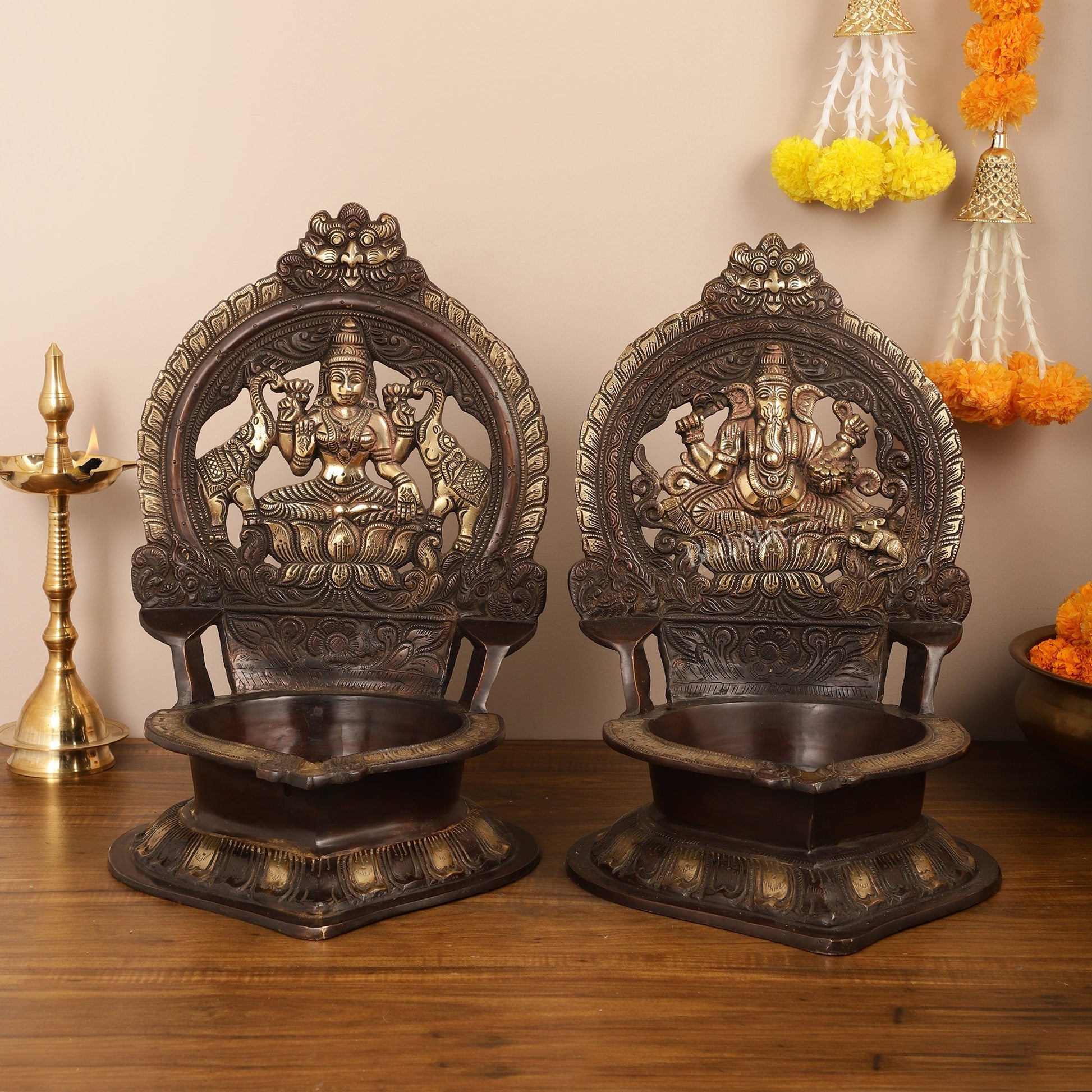 Brass Large-Sized Ganesha and Lakshmi Lamps - 17 Inch