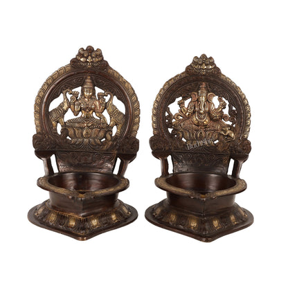 Brass Large-Sized Ganesha and Lakshmi Lamps - 17 Inch