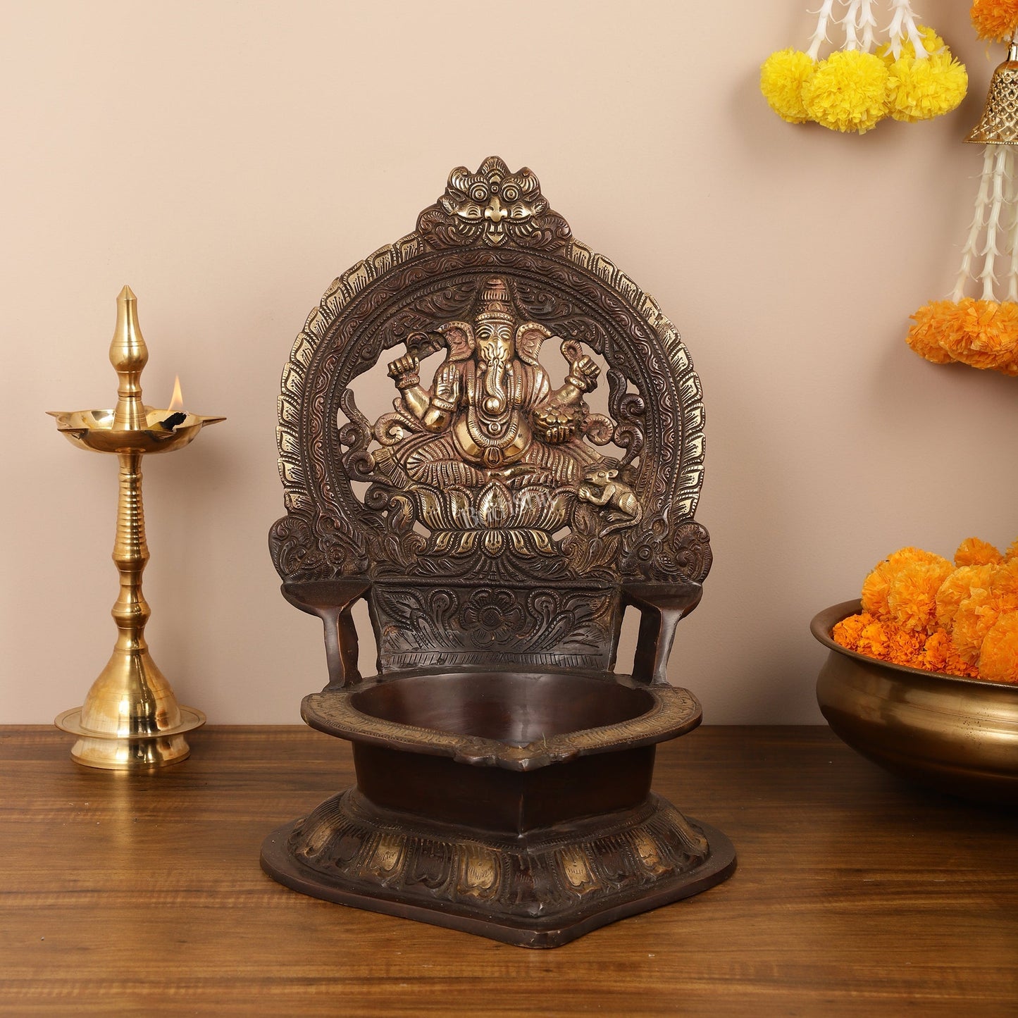 Brass Large-Sized Ganesha Lamp - 16 Inch