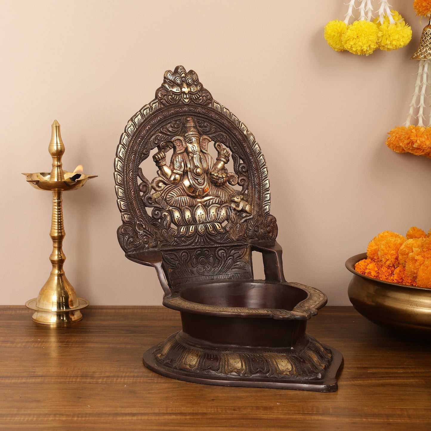 Brass Large-Sized Ganesha Lamp - 16 Inch