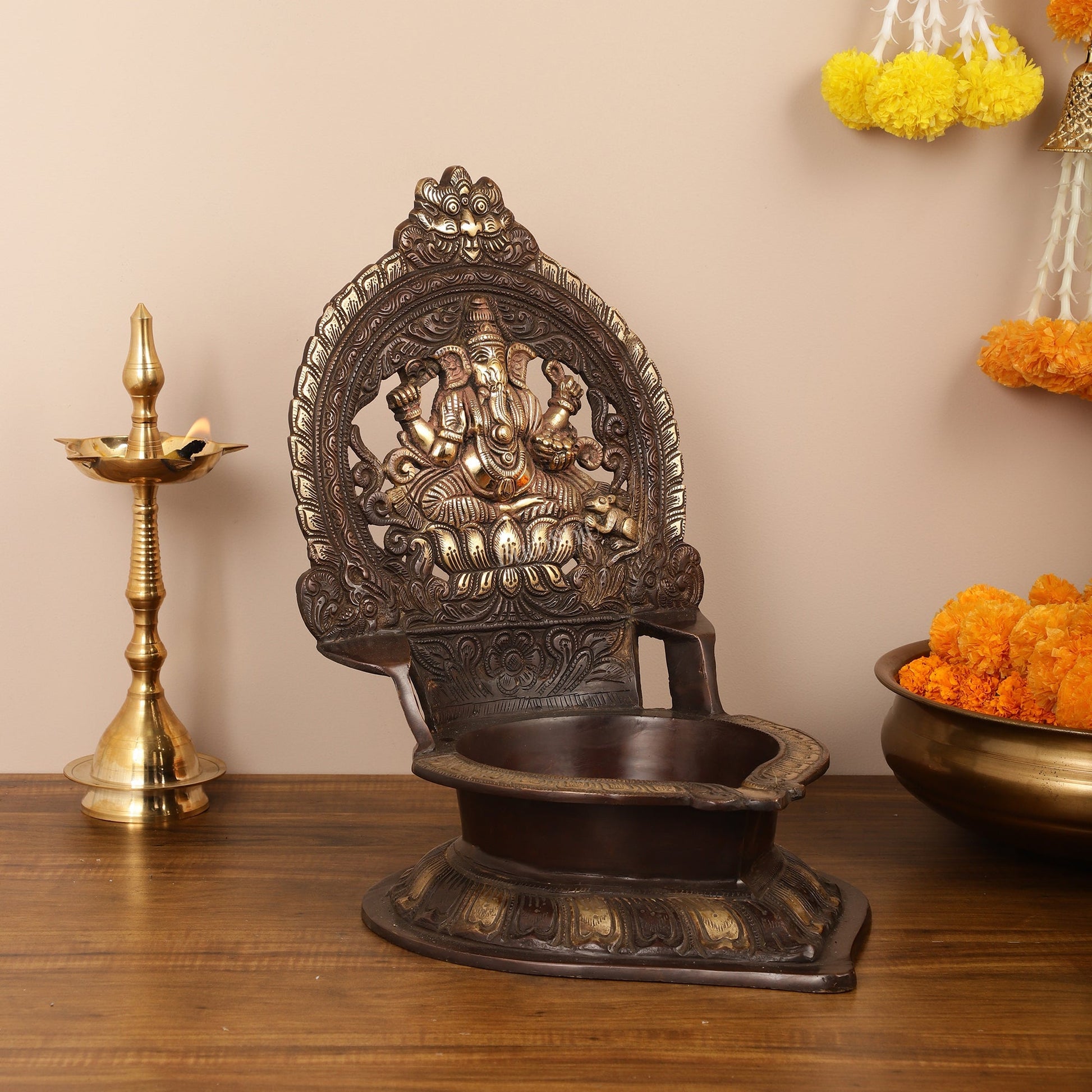 Brass Large-Sized Ganesha Lamp - 16 Inch