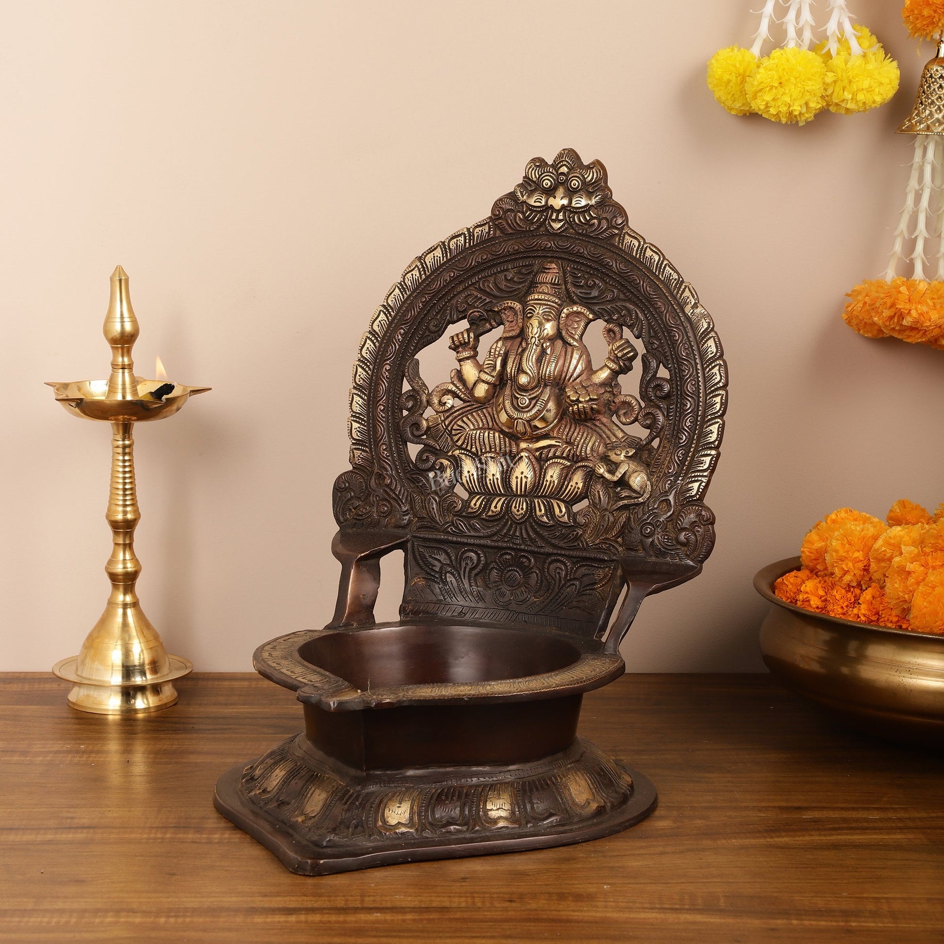 Brass Large-Sized Ganesha Lamp - 16 Inch