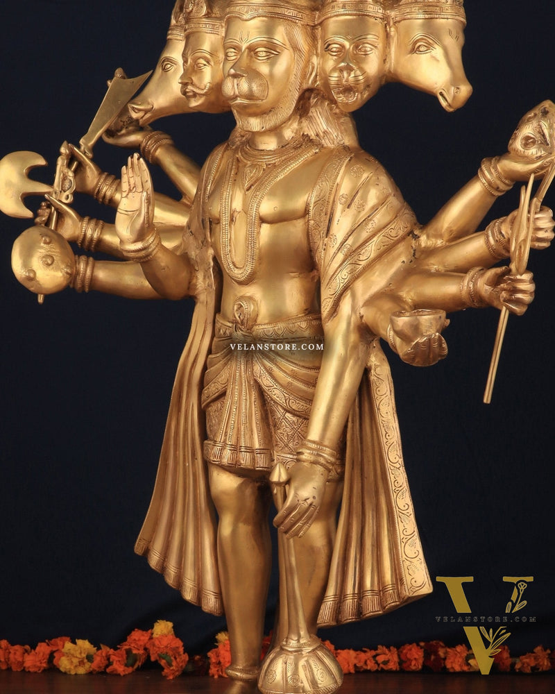 Brass Large-Sized Standing Panchmukhi Hanuman Sculpture 42"