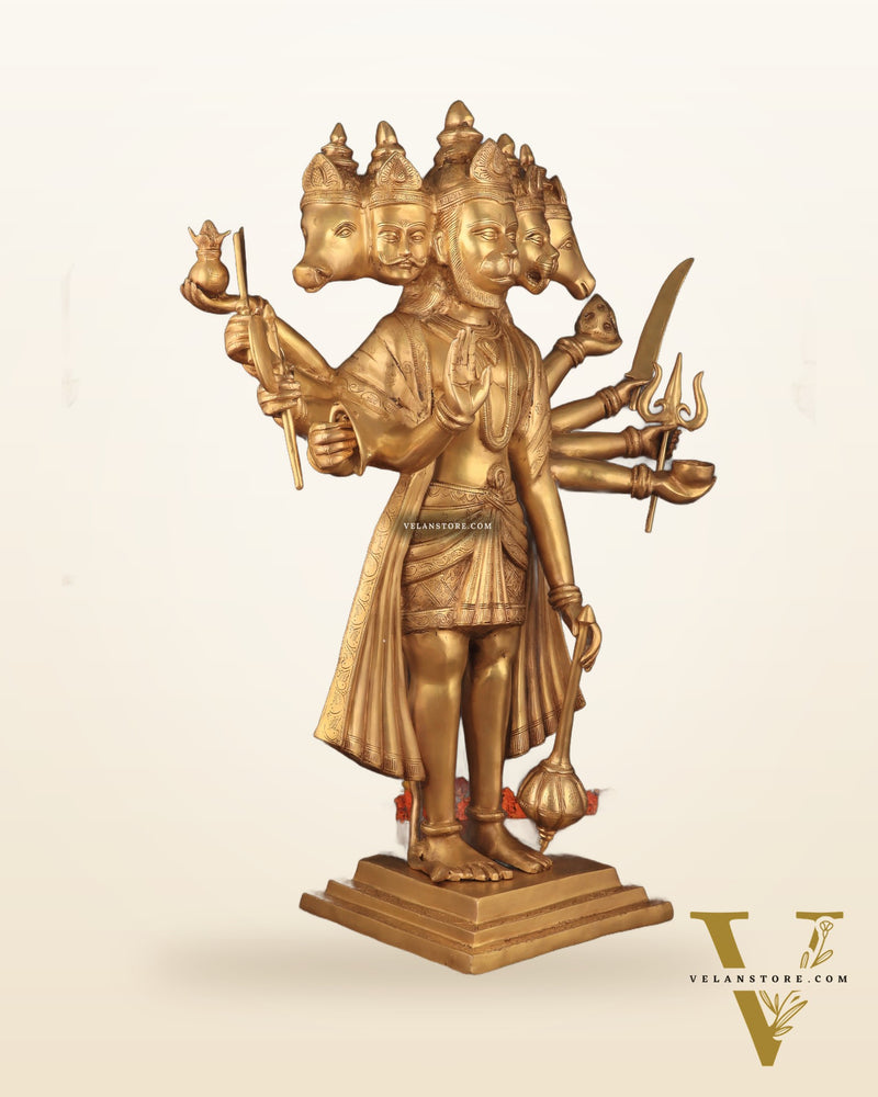 Brass Large-Sized Standing Panchmukhi Hanuman Sculpture 42"