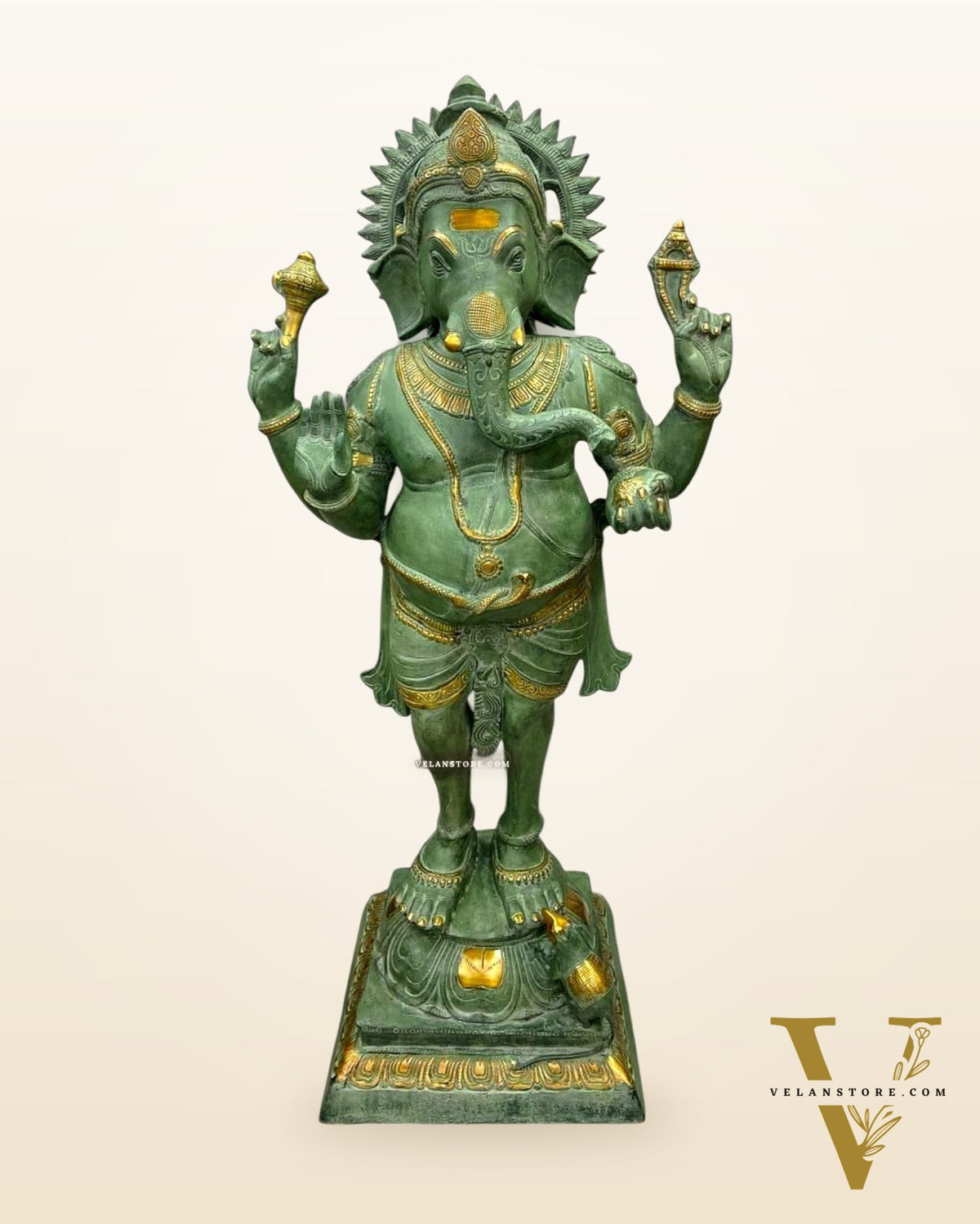 Brass Large Standing Ganesha Statue – Green Patina Finish 51"