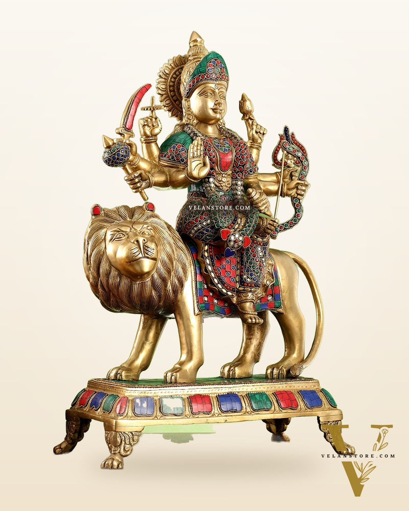 Brass Large Superfine Durga Mata Statue with Stonework - 21 inch