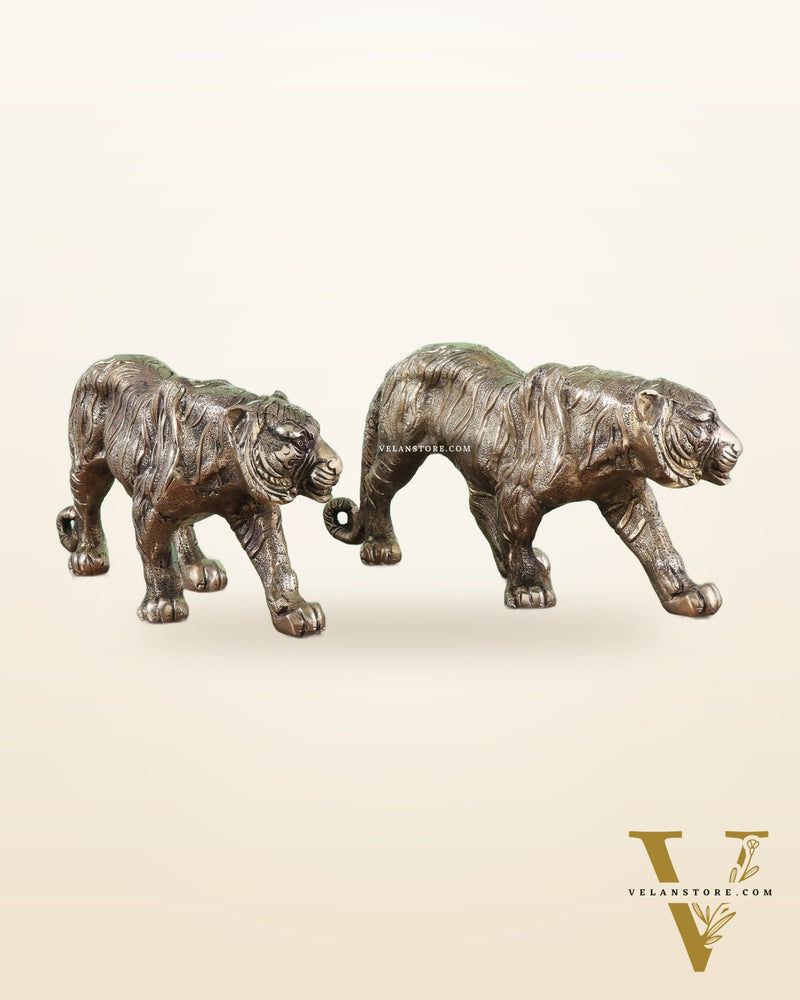 Brass Large Walking Tiger pair statues  – Enhanced Carvings