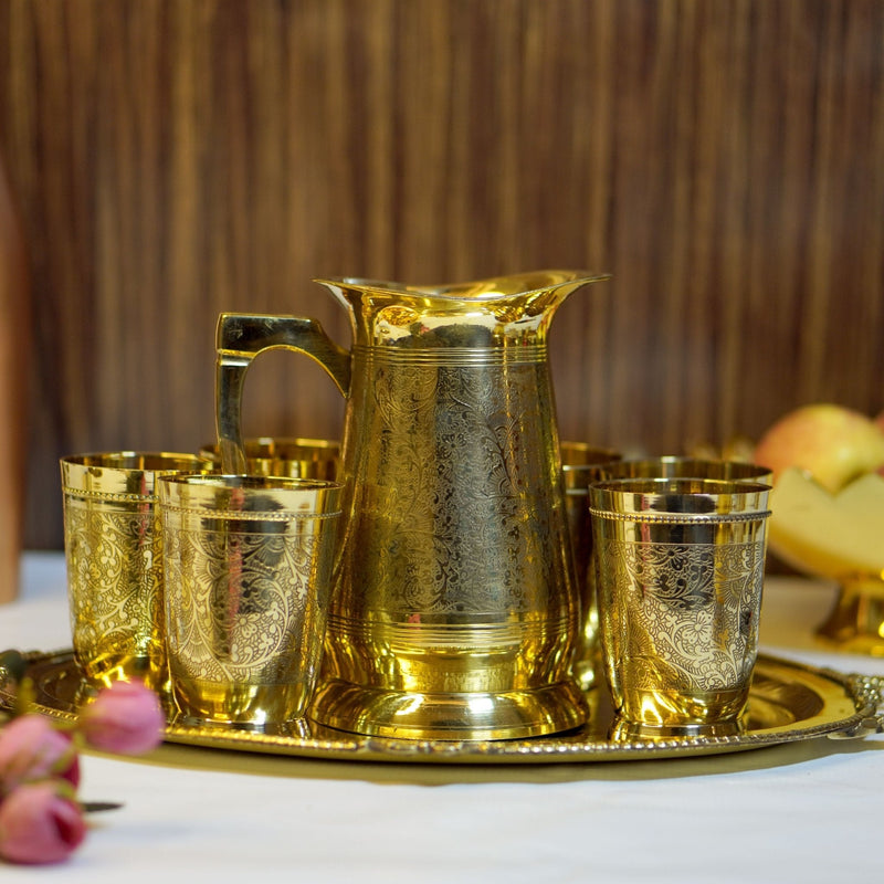 Brass Lemonade / Juice Jug with 6 Glasses and Tray