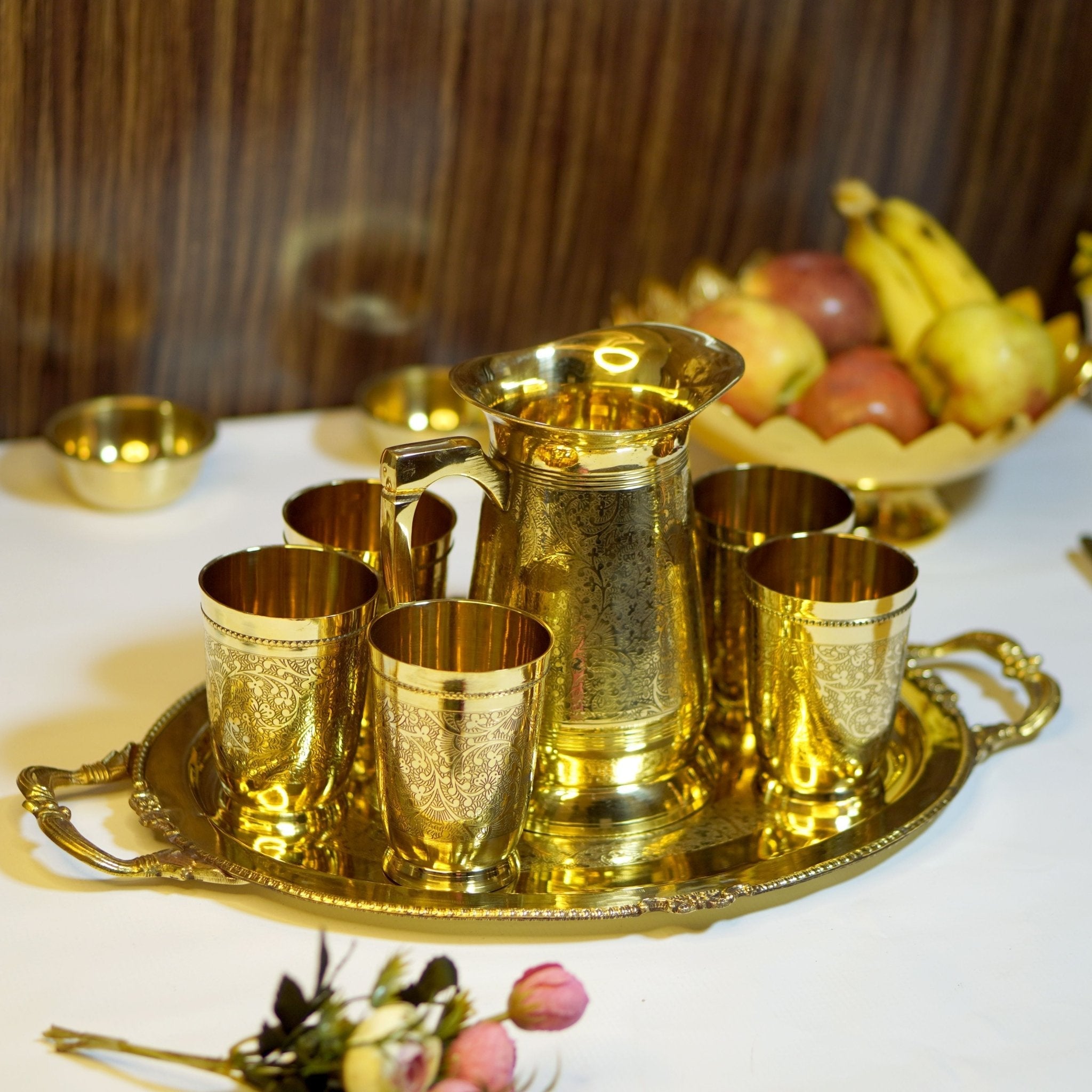Brass Lemonade / Juice Jug with 6 Glasses and Tray