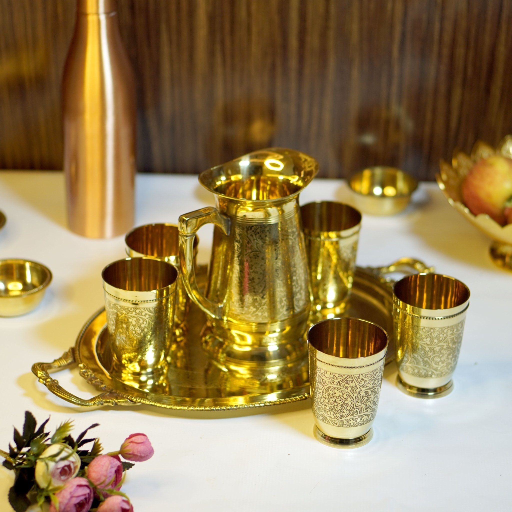 Brass Lemonade / Juice Jug with 6 Glasses and Tray