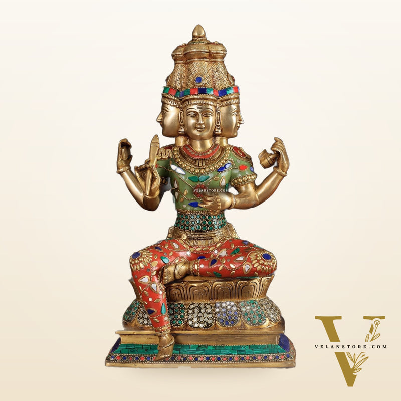Brass Lord Brahma Sculpture - 16 inch with stonework