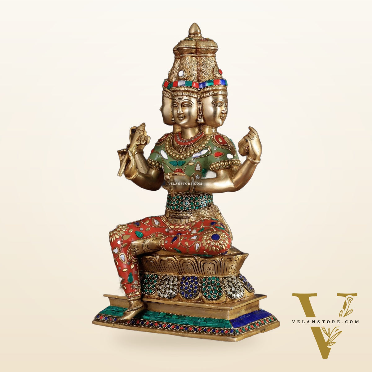 Brass Lord Brahma Sculpture - 16 inch with stonework