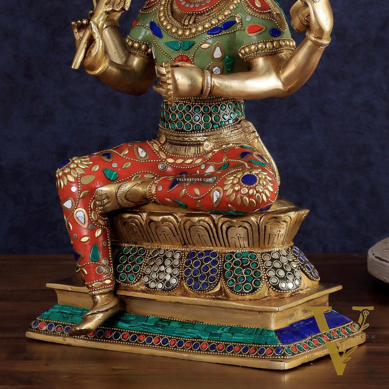 Brass Lord Brahma Sculpture - 16 inch with stonework