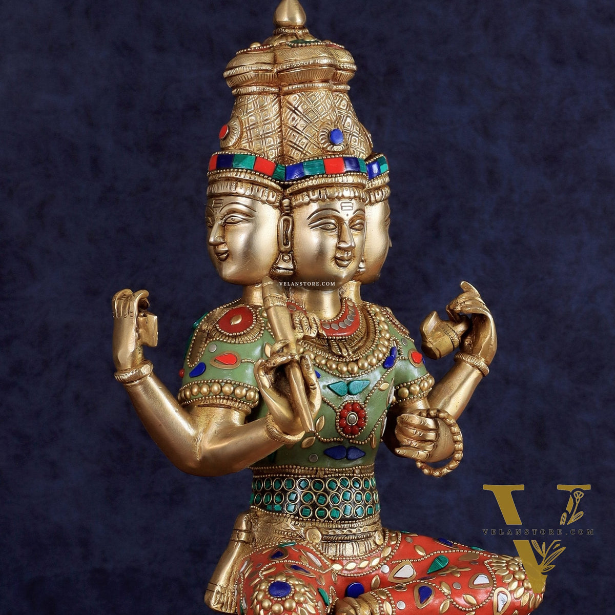 Brass Lord Brahma Sculpture - 16 inch with stonework