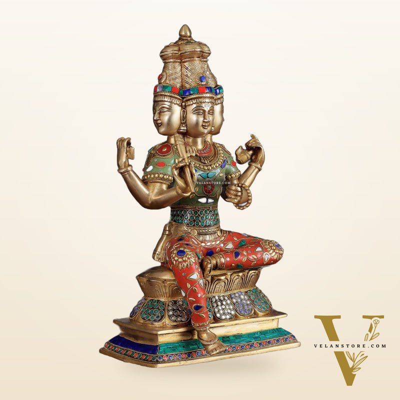 Brass Lord Brahma Sculpture - 16 inch with stonework