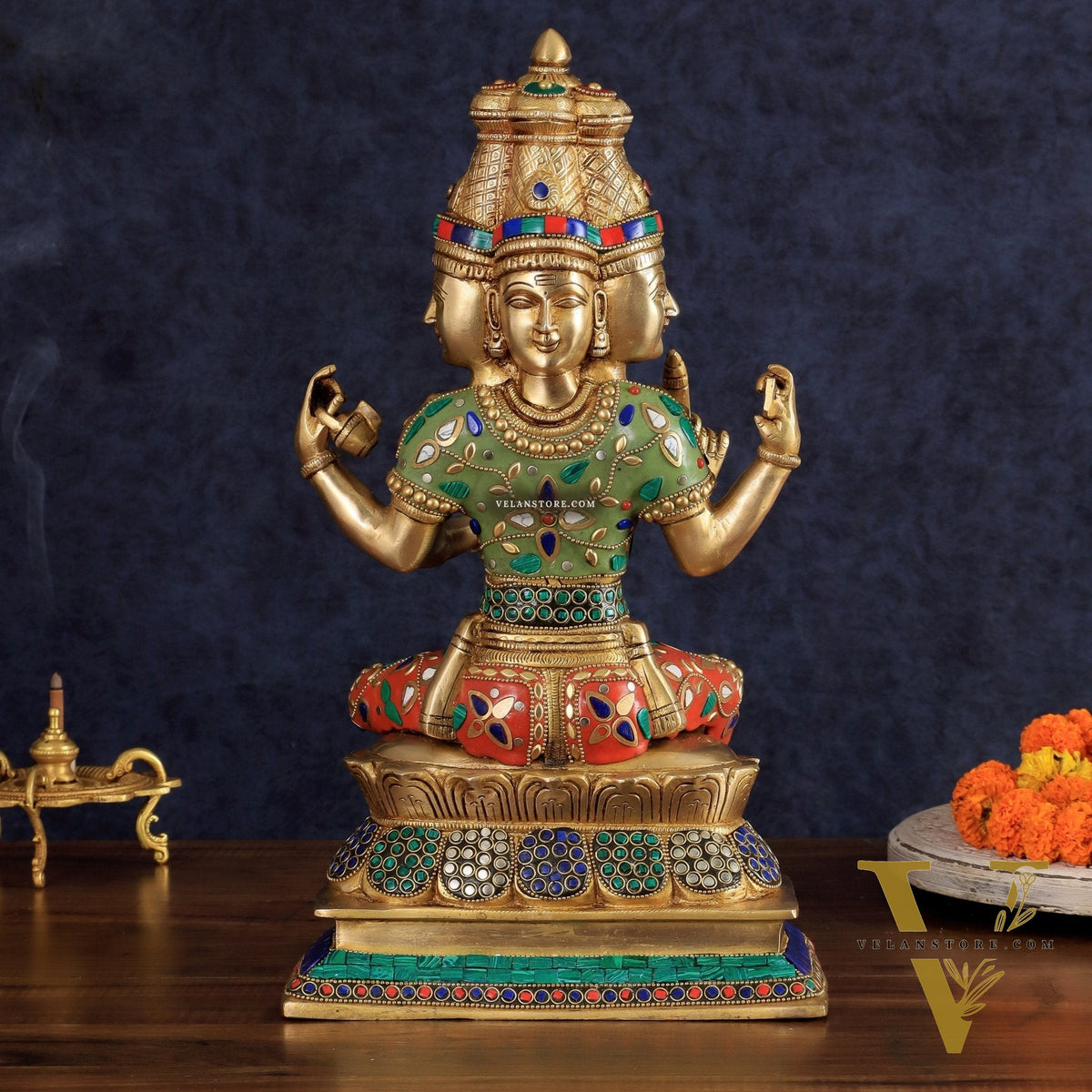 Brass Lord Brahma Sculpture - 16 inch with stonework