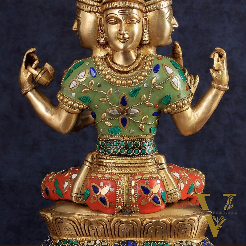 Brass Lord Brahma Sculpture - 16 inch with stonework